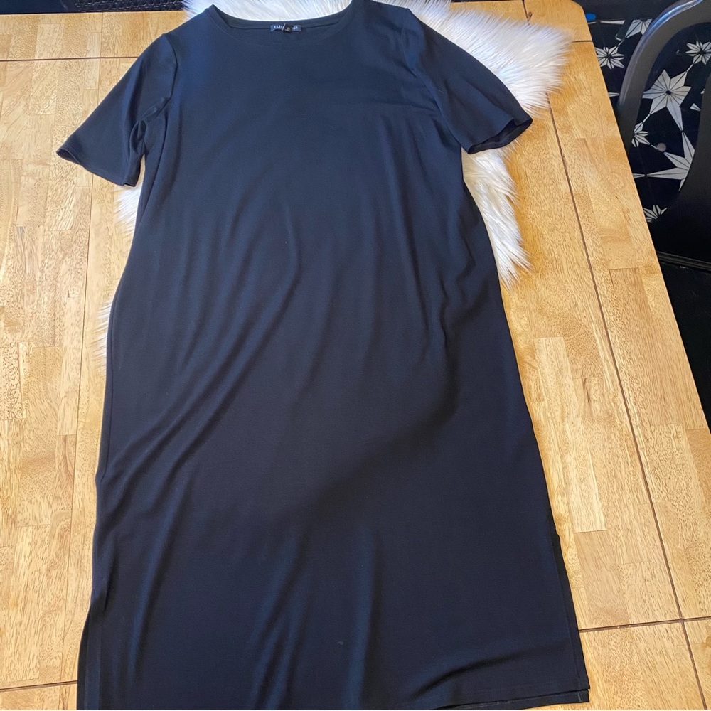Eileen Fisher Viscose Jersey Black Shift Midi Dress M